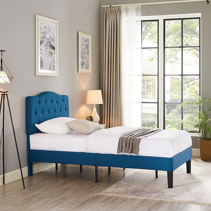 VECELO Twin Size Platform Bed Frame with Fabric Upholstered Headboard and Wooden Slats Support, No Box Spring Needed/Easy Assembly,Blue