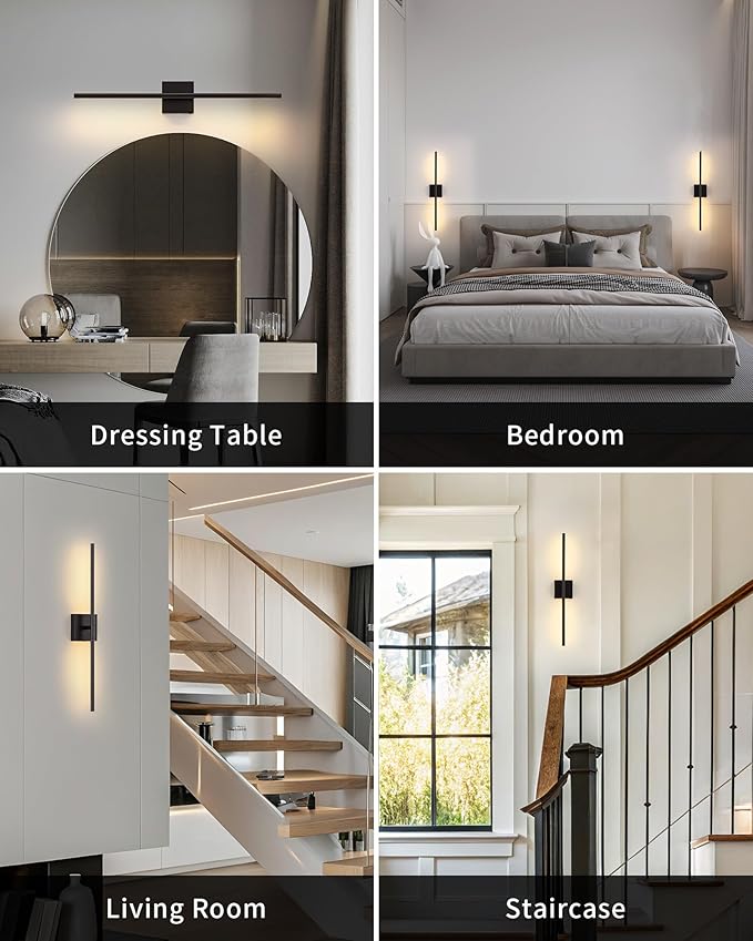 KDG Cordless Wall Sconces Set of 2, Wireless 7000mAh Rechargeable Battery Operated LED Wall Lamps with Remote, 360° Rotate Lightings for Wall Painting, Bedroom, Hallway, Night Light 31.5 inch (Black)