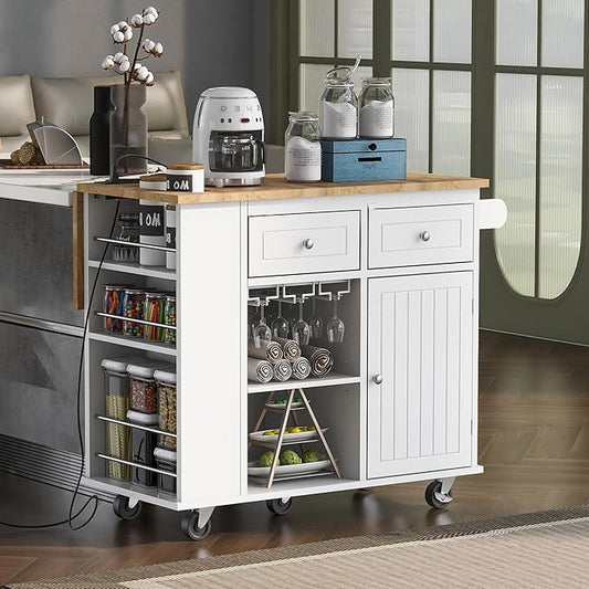 Rolling Mobile Kitchen Island Cart Cabinet with Door, 2 Drawers, Open Storage Shelves and Wine Rack for Dining Room
