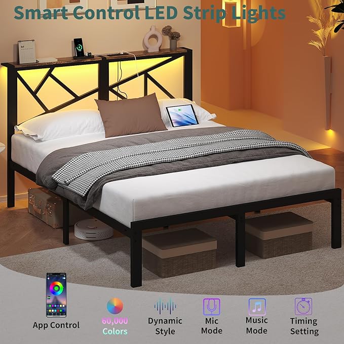 Queen Size Black Metal Bed Frame with USB Charging Station, LED Ambient Lighting, and Wooden Storage Headboard - Includes Under-Bed Storage, No Box Spring Needed, Noise Free, Easy Assembly