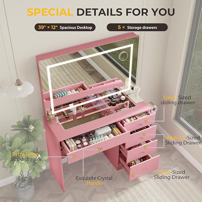 39" Vanity Desk with Mirror and Lights, 5 Drawers Makeup Vanity Desk with Tempered Glass top, 3 Lighting Modes Adjustable Brightness, Pink Vanity with Magnetic 5X Magnifier for Bedroom