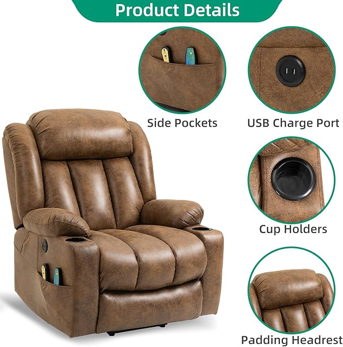 VIVIJASON Tall Man Large Power Lift Recliner Chair with Massage and Heat for Elderly, Overstuffed Wide Electric Lift Recliner with Extended Footrest, 2 Cup Holder, Side Pockets & USB Ports (Brown)
