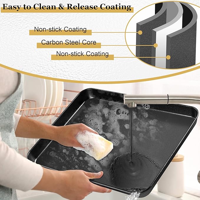 E-far 16x12 Inch Baking Sheet, Non-stick Cookie Sheet Pan for Oven Baking Cooking Roasting, Carbon Steel Tray Metal Bakeware for Jelly Roll Steak, Non-toxic & Warp Resistant, Easy Clean