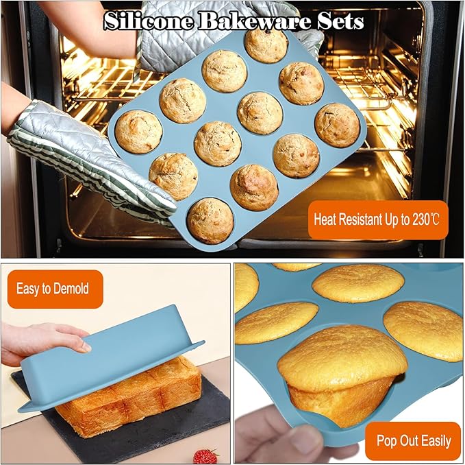 7in1 Silicone Bakeware Baking Set, Kitchen Bake Pans Molds Tray for Oven with BPA Free Round/Square Cake Pan, Loaf Pan, Muffin Pan for Bread Pizza Cheesecake Cupcake Pie Desserts