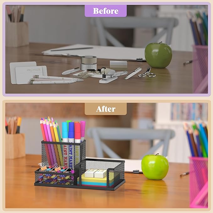 SUPEASY Pen Holder Desk Organizer, Office Supplies Pencil Holder with 3 Compartments, Desk Accessories and Workspace Organizers for Home School, Black