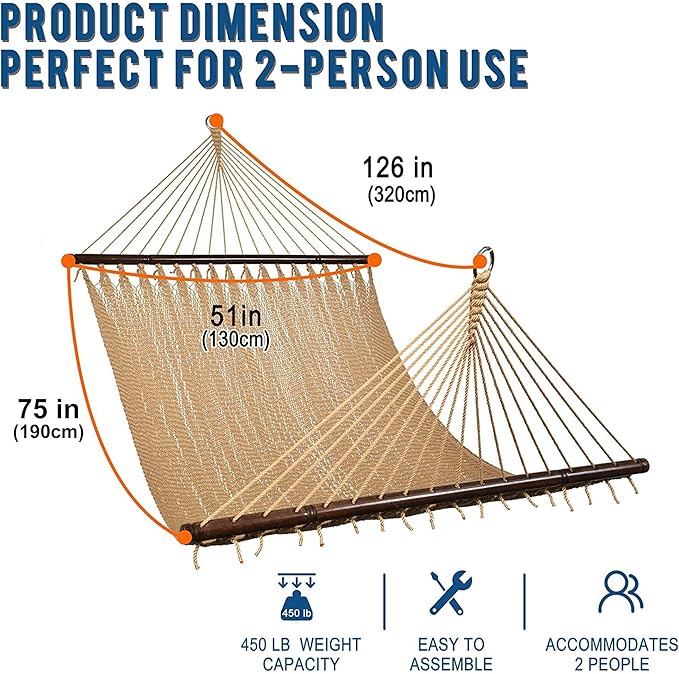 Lazy Daze Hammocks 10.5 FT Double 2 Person Caribbean Rope Hammock, Hand Woven Polyester Hammock with Spreader Bars, for Outside Outdoor Backyard Patio Poolside,450 LBS Capacity, Tan