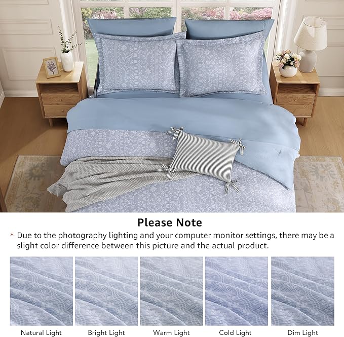 Full Comforter Set -7 Pieces Blue Floral Comforter Set for All Seasons, Bed in a Bag Full with Botanical Flowers Comforter, Sheets, Pillowcases & Shams