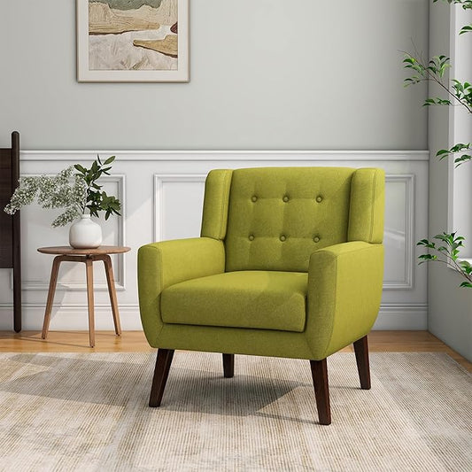 Accent Chair, Mid-Century Modern Fabric Chairs with Arms for Living Room, Comfy Upholstered Club Single Sofa Armchair for Bedroom Waiting Room with Solid Wood Frame (Fabric Green, Set of 1)