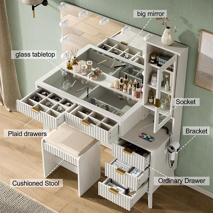 Fluted Makeup Vanity Desk with 36" 11 LED Lights Mirror, 48" Big Modern Vanity Desk with 5 Drawers and Storage Shelves & Power Outlet, Glass Top for Bedroom, White