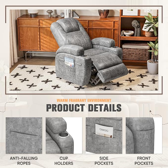 Flamaker Power Lift Chair with Vibration Massage Luxurious Leathaire Fabric Electric Lift Recliner for Elderly Power Lift Recliner Chair with Cup Holders Side Pockets for Living Room (Light Gray)