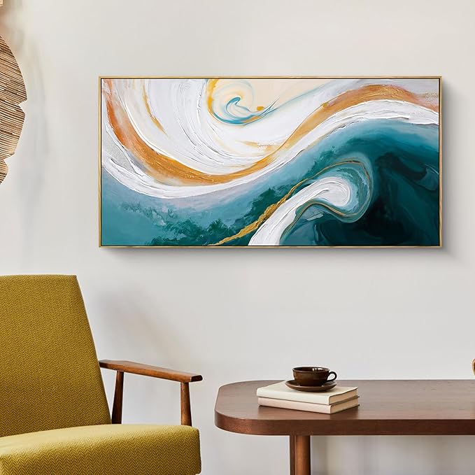 XLSJERST Abstract Canvas Wall Art for Living Room - Large Frame Blue and White Wall Decor Picture Modern Orange Painting Artwork for Bedroom Home Office Decoration Size 40x20 Inches