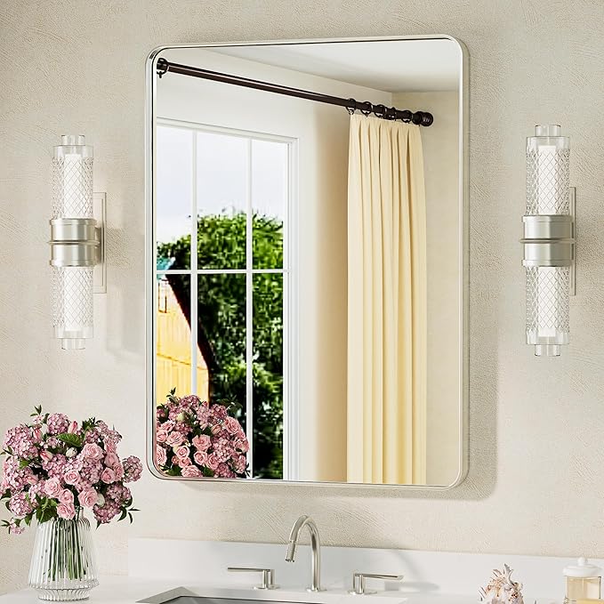 TETOTE Brushed Nickel Mirror 24 x 32 Inch Brushed Nickel Metal Framed Bathroom Mirror, Tempered Glass, Modern Farmhouse Wall Mounted Mirror for Decorative(Horizontal/Vertical)