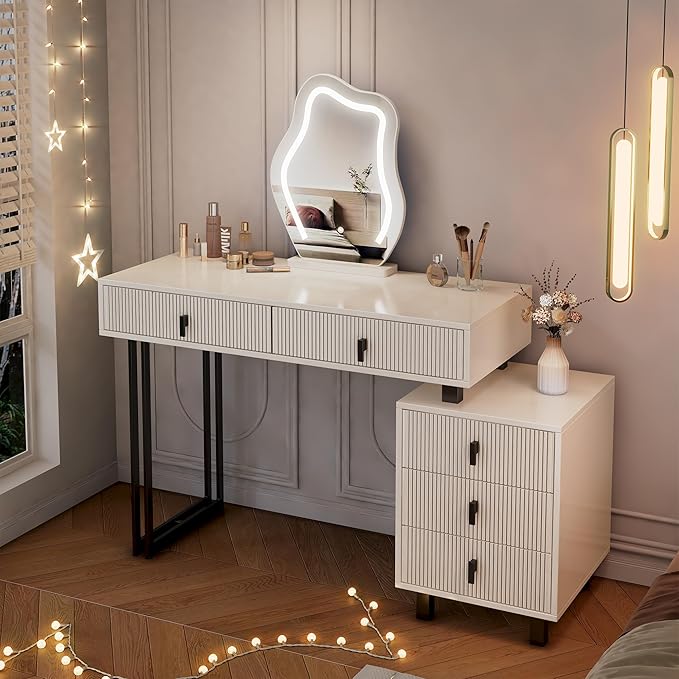 Vanity Desk with Mirror and Lights| Small Makeup Vanity Set with Adjustable Cabinet & 5 Drawers Storage| Modern Dressing Table for Small Spaces & Bedroom(White and Black)