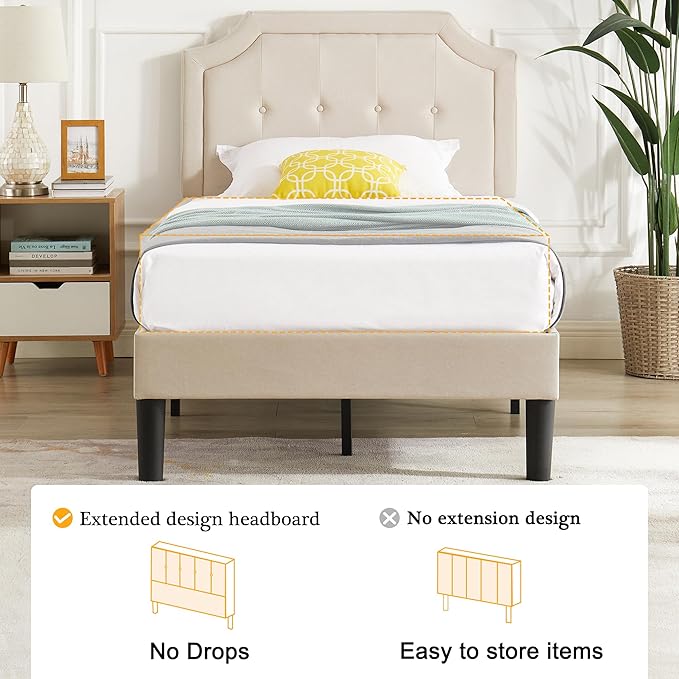 VECELO Twin Size Platform Bed Frame with Fabric Upholstered Headboard and Wooden Slats Support, No Box Spring Needed/Easy Assembly,Beige
