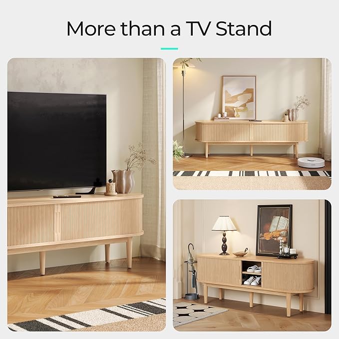 LINSY HOME Fluted TV Stand for 75" TV, Mid-Century Modern 70" Entertainment Center with Sliding Tambour Door and Storage Cabinet, Cruved TV Media Console Table for Living Room, Bedroom, Oak