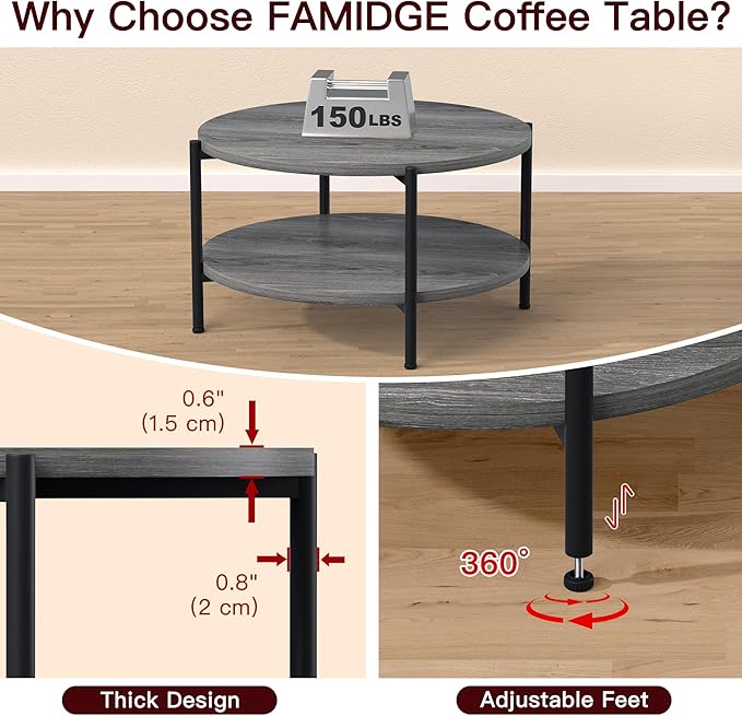 Coffee Table, 2 Tier Coffee Tables for Living Room, Round Coffee Table with Storage, Floor Table for Bedroom, Home Office, Rustic Brown (27.6" D x 18.1" H)