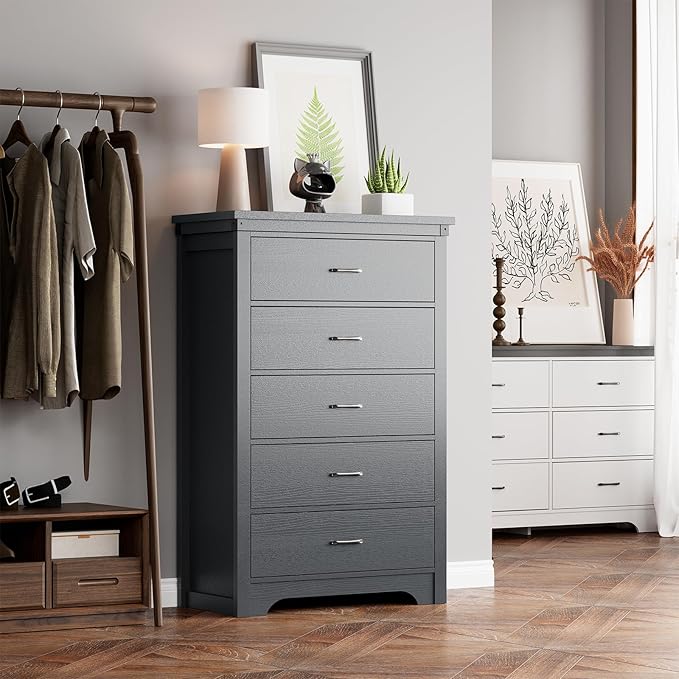 Farmhouse 5 Drawer Dresser for Bedroom, 47" Tall Chest of Drawers, Wood White Dresser with Deep Drawers, Storage Dressers Organizer for Bedroom, Living Room, Hallay, Black