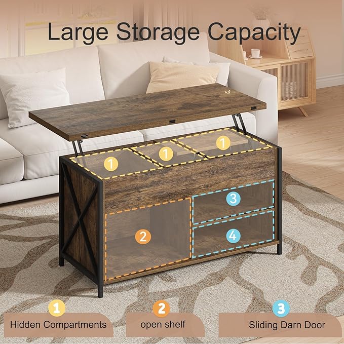 Lift Top Coffee Table with Storage and Sliding Door, 4 in 1 Multi-Function Convertible Tea Table with Hidden Compartment, Farmhouse Center Table with Wood Lift Tabletop for Living Room Brown