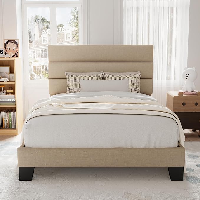 Allewie Twin Size Platform Bed Frame with Fabric Upholstered Headboard and Wooden Slats Support, Fully Upholstered Mattress Foundation/No Box Spring Needed/Easy Assembly, Beige