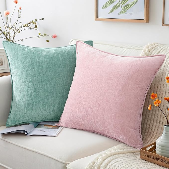 decorUhome Couch Throw Pillow Covers 18x18 Set of 2, Decorative Soft Euro Neutral Chenille Pillow Covers with Elegant Design for Sofa Bed Living Room Home Decor, Aqua Haze