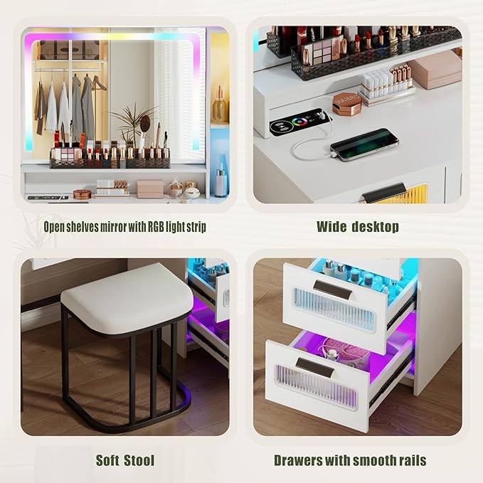 Vanity Desk with Mirror and RGB Lights, Makeup Vanity Desk with Wireless Charging Station,Large Dressing Table Set with Stool,LED Vanity Table with 6 Drawers/Cabinet/Shelves for Bedroom, White
