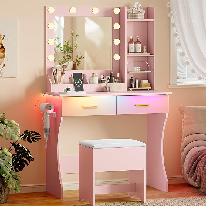 Vanity Desk with Mirror and Lights, Small Makeup Vanity Table Set with Storage Drawers & Power Outlets & Chair, 3 Lighting Modes & RGB Ambient Light, Dressing Table for Women Girls Bedroom, Pink
