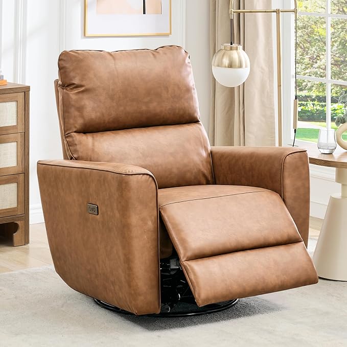 GarveeHome Power Recliner Chair Swivel Glider Upholstered Faux Leather Nursery Rocker Reclining Sofa Chair with Charging Port, Curved Armrests & Padded Backrest (Brown)