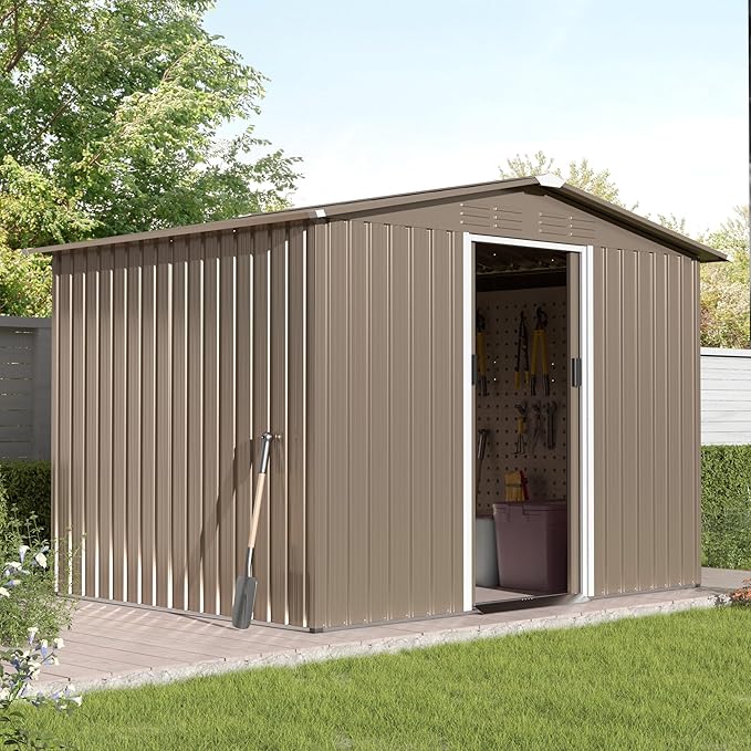 Kullavik 8FT x 6FT Outdoor Storage Shed,Waterproof Metal Tool Shed with Lockable Sliding Door and Air Vents,Metal Storage Shed for Garden,Patio