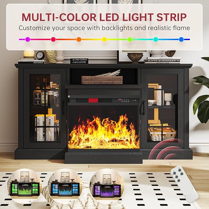 oneinmil Fireplace TV Stand with 3-Sided Glass, TV Cabinet for TVs up to 65", 59'' Modern Media Entertainment Center with Farmhouse Glass Door Storage Cabinets, for Living Room, Black