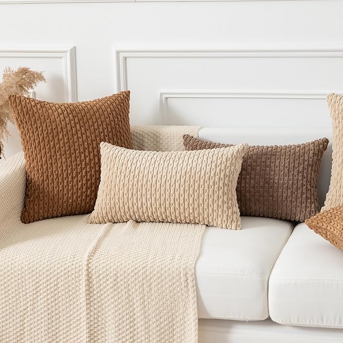 Kevin Textile Throw Pillow Covers Soft Corduroy Decorative Set of 2 Boho Striped Pillow Covers Pillowcases Farmhouse Home Decor for Couch Bed Sofa Living Room 16x16 Inch Khaki