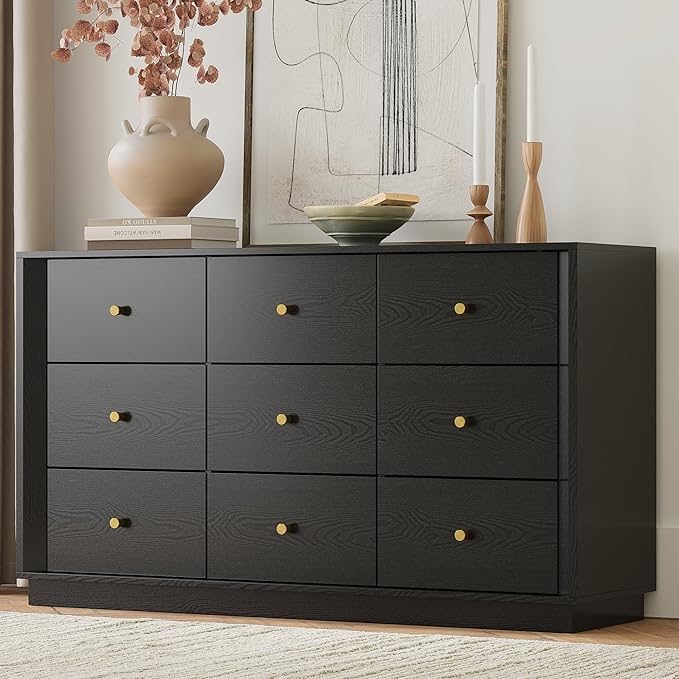 9 Drawer Dresser, Mid Century Modern Dresser with Storage, 55" Wide Chest of Drawers with Wood Grain Texture, Drawers Organizer for Bedroom, Living Room, Hallway, Black