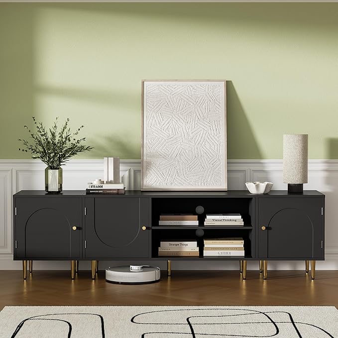 Modern TV Stand for 50/60/70/80 inch TV, Combined TV Stand for 75+ inch TV, Entertainment Center for Up to 80" TV, TV Media Stand with Storage Side Cabinet for Living Room, Bedroom, Black