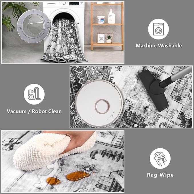 5x7 Area Rugs for Living Room, Non Slip Vintage Floral Rug for Bedroom Dining Room, Low Pile Indoor Carpet for Nursery, Kitchen, Office Home Decor, Grey