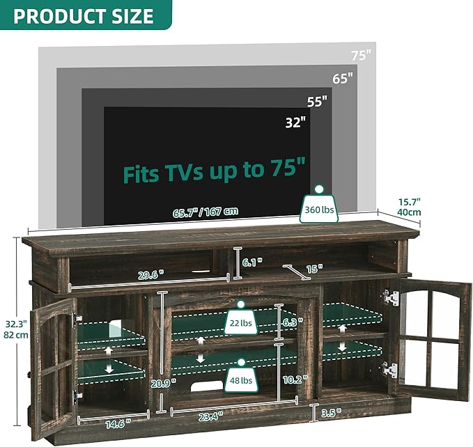 YITAHOME LED Farmhouse TV Stand for 75 Inch w/Outlets, Modern Entertainment Center with Glass Doors and Adjustable Storage Shelves, Media Console TV Cabinet for for Living Room, Dark Rustic Oak