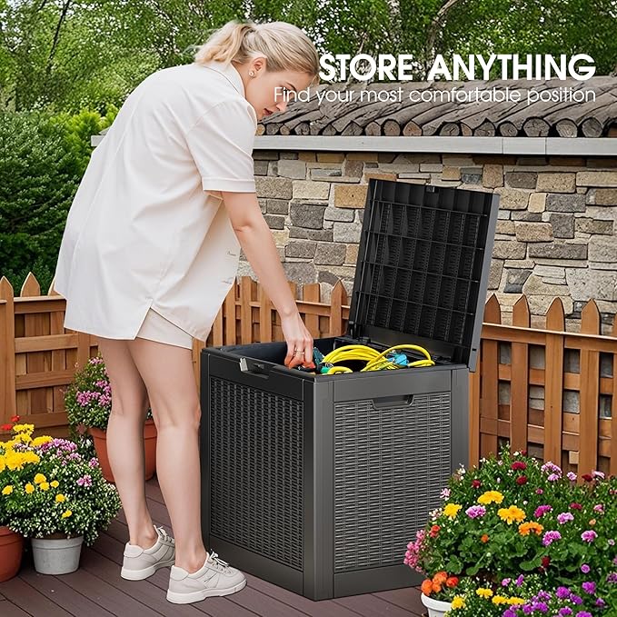 35 Gallon Outdoor Storage Box, Waterproof Resin Deck Box with Lockable Lid, Patio Furniture Side Table & Storage Bin for Package Delivery, Patio Cushions, Garden Tools, Pool Accessories, Black