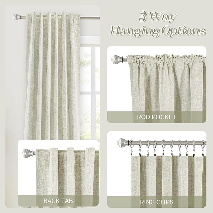 100% Blackout Kitchen Curtains Back Tab Rod Pocket Linen Curtain Thermal Insulated Textured Short Black Out Curtains for Small Window 2 Panels Set 52Wx54L Natural Cream