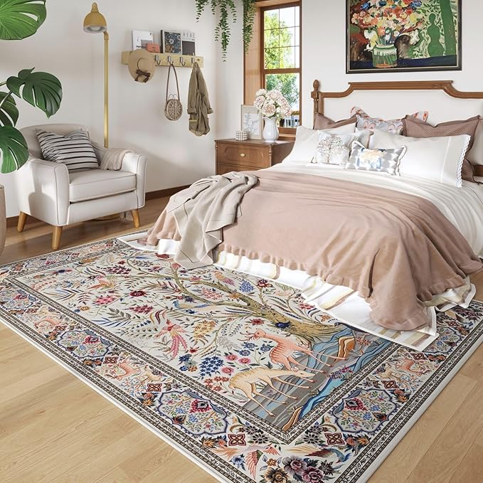 8x10 Area Rugs Vibrant Tree of Life-Patterned Vintage Washable Area Rug Non Slip Low Pile Large Rug for Bedroom Farmhouse Dining Room Kids Playroom, Beige