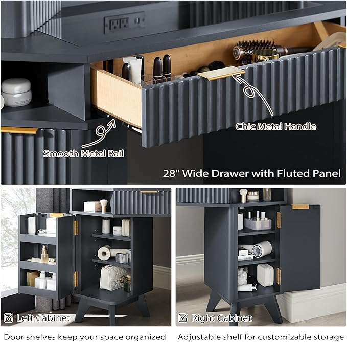 T4TREAM Fluted Makeup Vanity Desk with 3 Way Mirror and Lights, 48" Large Corner Vanity Table with Glass Top, Charging Station, 3 Drawers, Storage Cabinets & Shelves, for Bedroom, Dark Grey