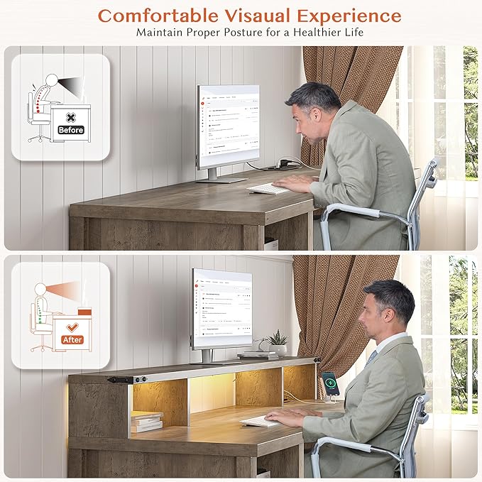 EnHomee Computer Desk with Drawers,23" D Home Office Desk with Storage,Wooden Desk with Monitor Stand,Farmhouse Desk with Printer Space and Power Outlets for Studio,Work, Study,Writing&Gaming