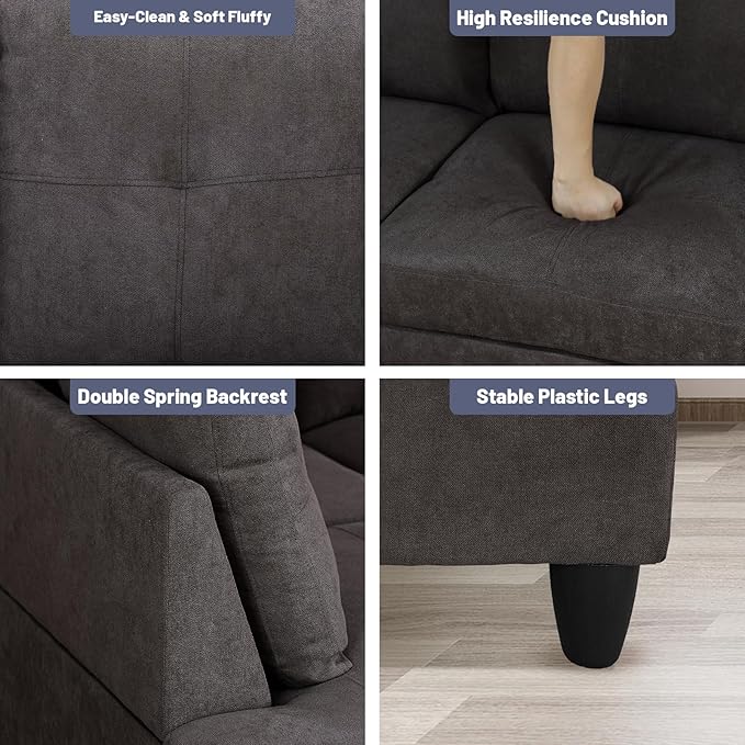 L-Shape 3-Piece Cloud Sofa, Couch for Living Room, Dark Brown Fluffy Fabric L-Shape with Reversible Chaise & Storage Ottoman, Ergonomic 110–115° Recline, Solid-Wood Frame