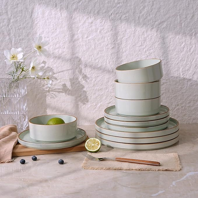 Famiware Nebula Plates and Bowls Sets for 4, 12 Pieces Stoneware Dinnerware Set, Microwave and Dishwasher Safe Dishes Set, Light Green with Brown Rim