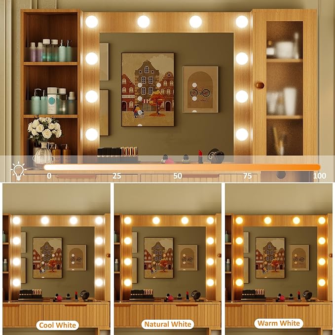 Vanity Desk with Mirror and Lights with Glass Table Top, Makeup Vanity Table with LED Lights,Dressing Table with Storage Cabinet, Brightness Adjustable, Vanity Set for Bedroom,Oak