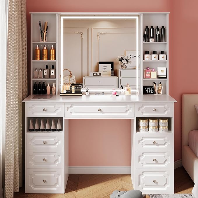 Vanity Desk with Mirror and Lights,Makeup Vanity Desk with Facial Mask Box, Dressing Table with Bluetooth Speaker, Makeup Vanity Set with Wireless Charger, 9 Drawers and 10 Shelves (White)