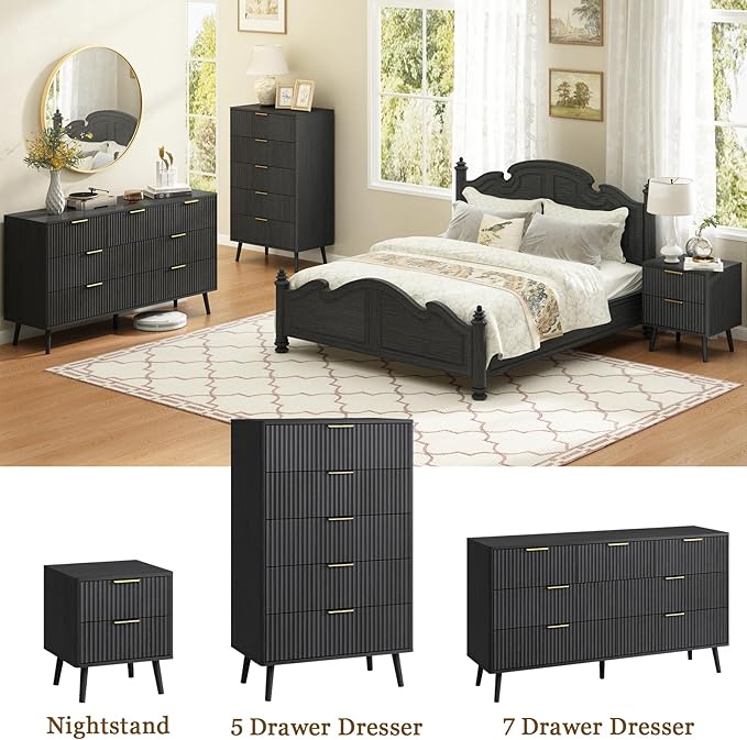 CARPETNAL Fluted 7 Double Drawers Black Dresser for Bedroom, 55”Wide Modern Chest of Drawers with Deep Drawers,Wood Drawer Organizer for Bedroom Living Room, Hallway, Black
