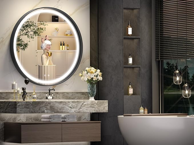 Hasipu 32 Round LED Mirror for Bathroom with Lights, Black Circle Vanity Mirror for Wall, Metal Framed Frontlit Bathroom Mirrors Anti-Fog, Dimmable, 3 Colors Makeup Mirror Wall Mounted