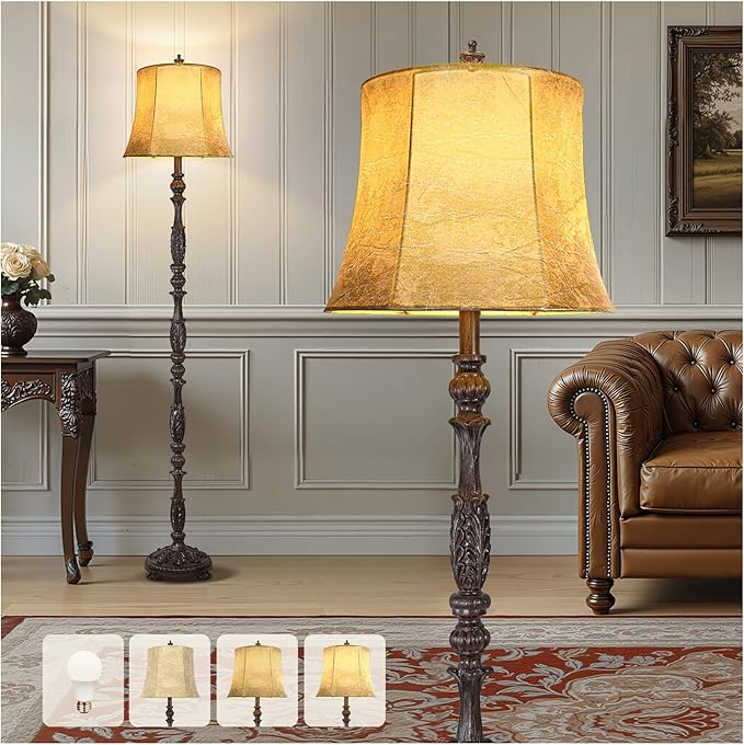 Scenekoy Vintage 66” Tall Floor Lamp for Living Room Bedroom, Retro Resin Carved Standing Lamp with Faux Leather Shade, 3-Way Dimmable Bulb, Rotary Switch Rustic Corner Light for Home Decor