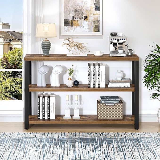 EXCEFUR Industrial Sofa Console Table, Entryway Table with 3 Tier Wood Storage Shelves, Foyer Table for Living Room Hallway Behind Couch, Rustic Brown