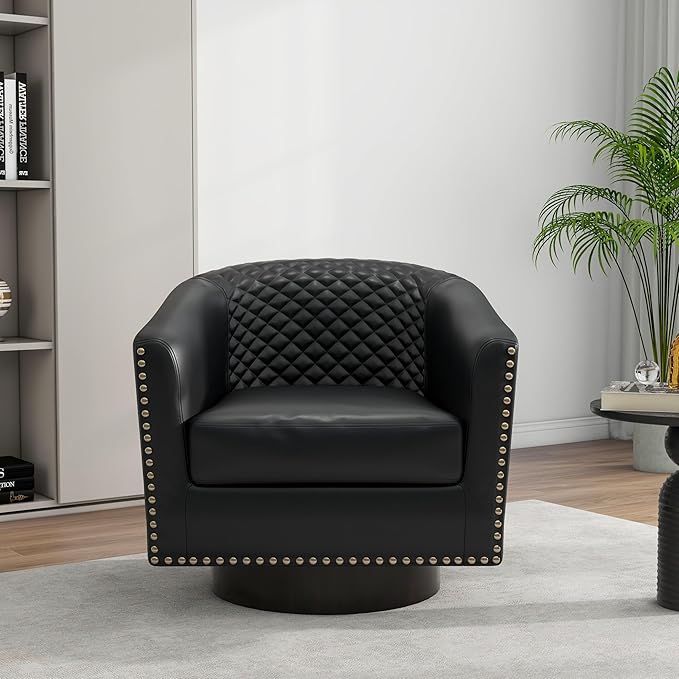 Swivel Barrel Accent Chair, Comfy Modern Upholstered Round Faux Leather Arm Chair for Living Room, Bedroom（Black, Set of 1