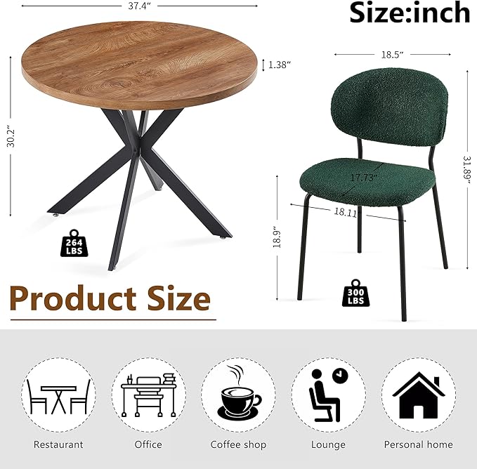 3-Piece Kitchen Table and Chairs Set,37" Round MDF Living Coffee Table with 2 Seated Green Boucle Dining Chairs Upholstered, Open-Back Living Room Chairs for Restaurant, Home, Coffe Shop