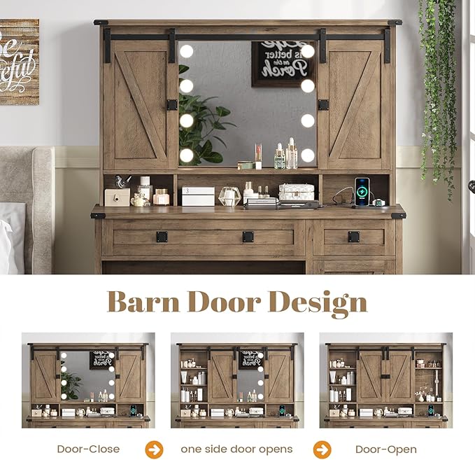 AOGLLATI Makeup Vanity with Lights & Barn Doors, Vanity Desk with Mirror and Lights & Charging Station, Farmhouse Brown Vanity Table with Jewelry Hooks and Open Storage Shelves